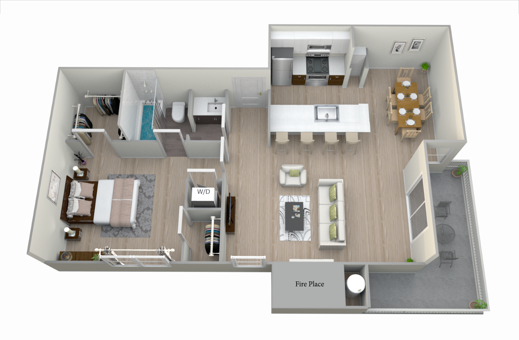 Floor plan for 1 bed, 1 bath, 700 sqft